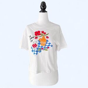 Sports Girl Womens White Cotton Floral Fruit Table Graphic Preppy Casual T-Shirt
